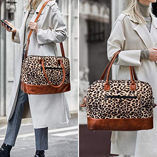 Weekend Bag for Women Leopard Travel Duffle Carry on Bags Overnight Tote with Zipper Luggage Sleeve(Brown)