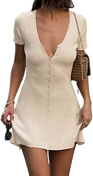 Naileksi Women Elegant Button Down A-Line Knit Mini Dress V Neck