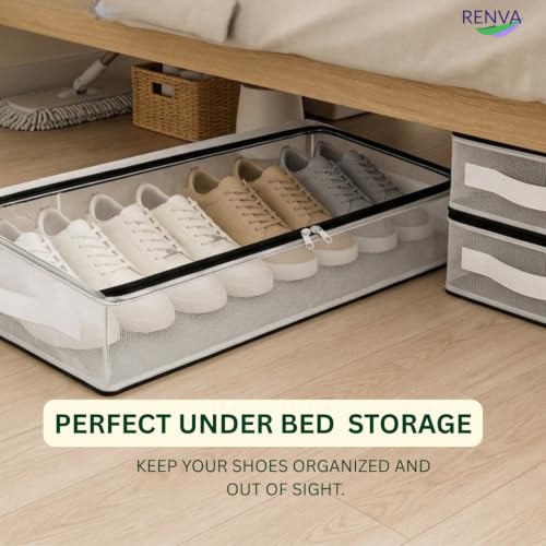 Image of RENVA 4 Pcs Foldable Transparent Shoe Storage Box with Handle & Zipper | Stackable Design, Organiser for Home, Clear Visibility, Space-Saving, Shoe Rack