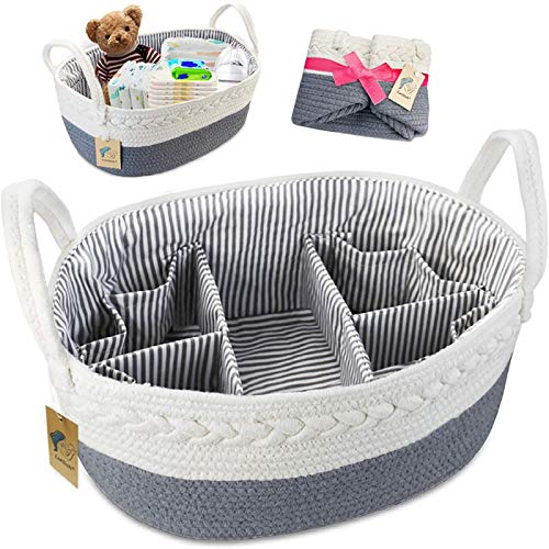 Baby Diaper Caddy Organizer – Extra Large Nappy Caddy Rope Nursery Storage Bin – Baby Basket with 8 Pockets, 5 Compartments and 2 Removable Dividers