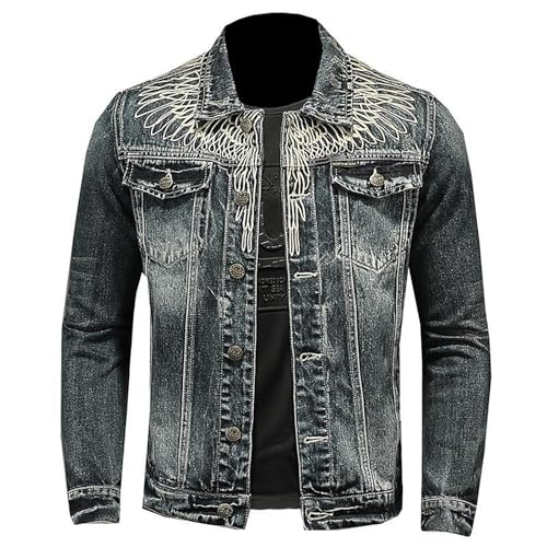 KASENFASHION Vintage Herren Jeansjacke mit Reißverschluss – Bomberjacke im Biker-Stil, Stehkragen, Slim Fit, klassische Trucker-Jacke im Cowboy-Design