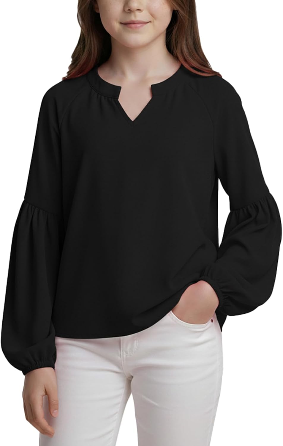 Noomelfish Girls Long Sleeve Shirts Chiffon Blouses Kids Cute V Neck Casual Loose Tops Tee (7-14 Years)