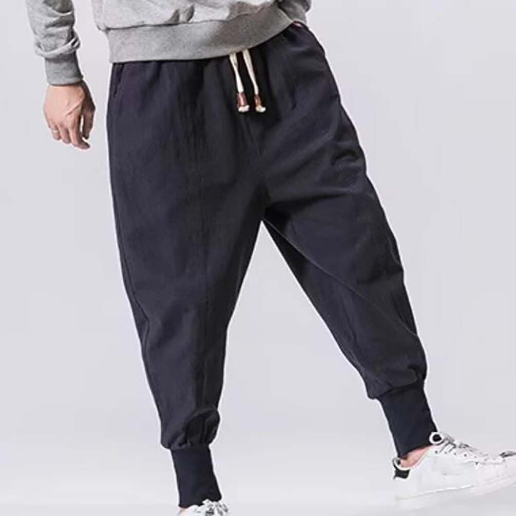 Męskie lekkie i luźne japońskie lniane spodnie haremki, rozciągliwe, luźny krój, styl joggingu, rozmiary S-5XL (granatowe, XXL)