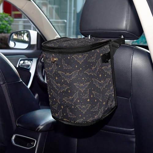 Image of MNSRUU Car Trash Can with Lid, Bats Stars Car Trash Bag Hanging Organizers and Storage for Front Back Seat, Leak-Proof Trash Bin