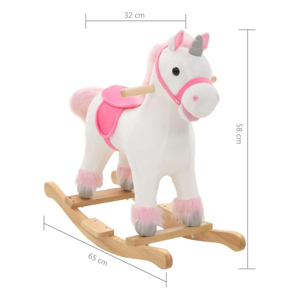 Cheval à bascule licorne en peluche avec socle en bois, 65 x 32 x 58