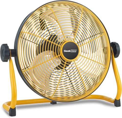 Geek Aire Ventilador portátil de 12 pulgadas con hoja de metal, inclinación vertical de 360 grados, 20 horas de funcionamiento, ventilador de batería inalámbrico para camping, viajes, tienda de