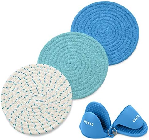 Blue Potholders Set Trivet Set - Blue Kitchen Accessories - 100% Cotton Hot Pads 7 Inches Diameter - Silicone Mitts for Hot Pots and Pans - Ideal for Cooking and Baking