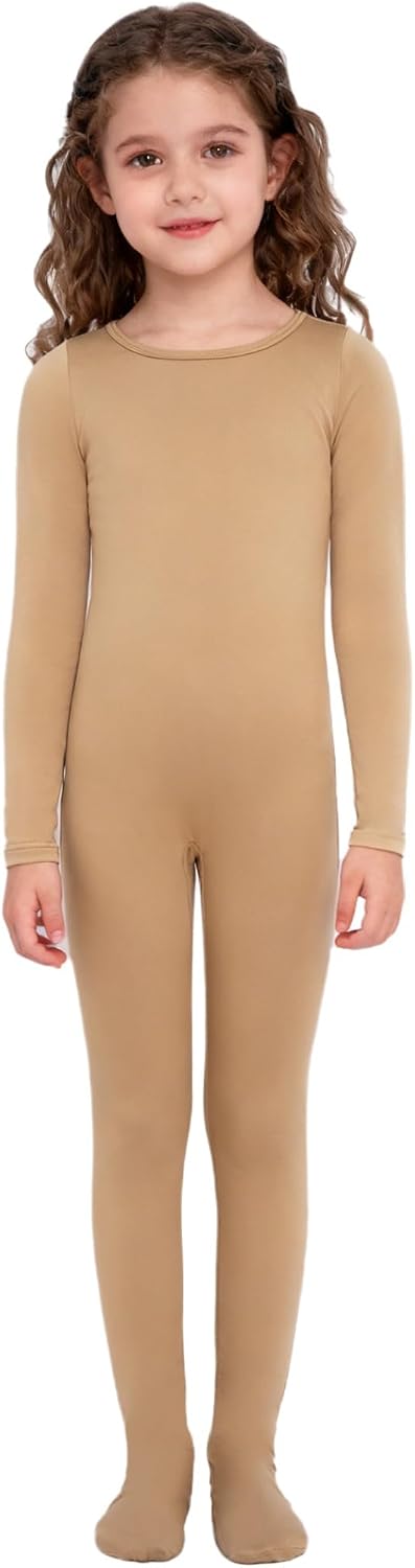Kids Girls Basic Footed Unitard Long Sleeve Full Body Gymnastics Leotard Dance Base Layer Undergarments