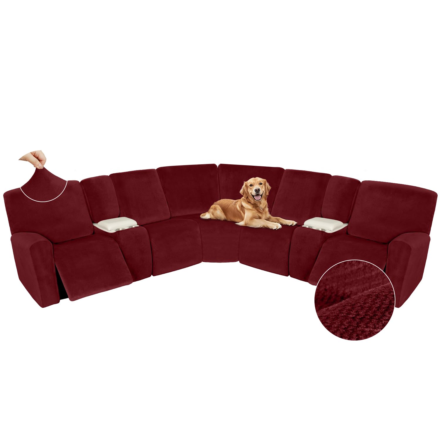 Arfntevss Sectional Recliner Couch Covers Velvet Washable Corner Sectional Sofa Cover for Reclining Couch Stretch Soft Thick L Shape Recliner Slipcover Set (5 Seat with 2 Console Cover, Wine Red)