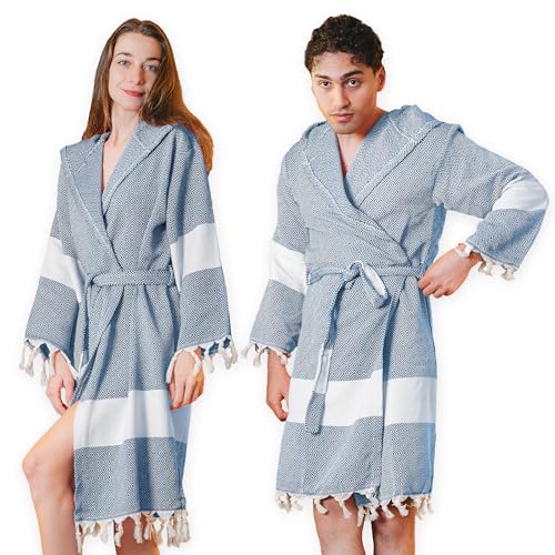 Loomvia Leichter Bademantel aus 100% Baumwolle 240 g/m² | XL | Unisex Morgenmantel für Damen & Herren – Weich, Saugfähig & Atmungsaktiv | Ideal als Saunamantel, Spa oder Zuhause Blau