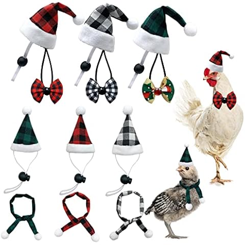CooShou 12Pcs Christmas Chicken Hat Scarf Bowtie Set Mini Santa Plaid Hat Scarf Xmas Small Animal Red Green Gray Hat with Adjustable Chin Strap for Hen Bunny Guinea Pig Hamster Cover