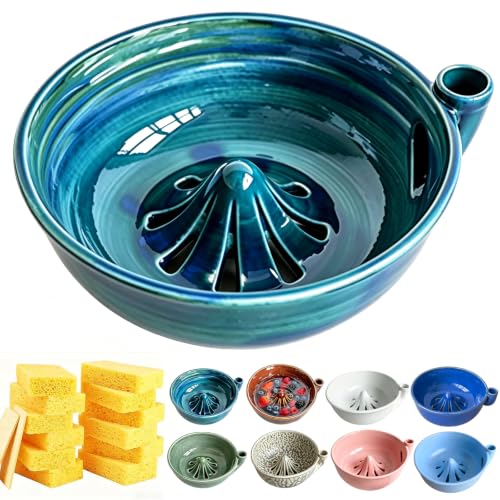 AOYOA Self Spinning Ceramic Berry Washing Bowl with Drain Holes 7 Kitchen Fruit Washer Spinner Bowl with 10pcs SpongesBlue