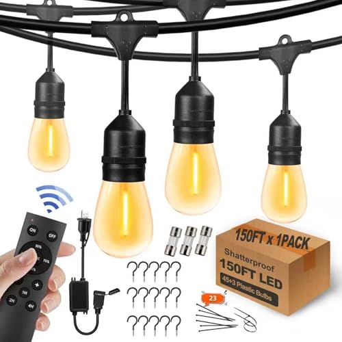 Yuhoolamp 150FT String Lights for Outside Remote Controlled Waterproof with 48pcs Replaceable S14 Warm Bulbs for Patio, Gazebo, Pergola, Backyard Bistro Lights, 2200K, Linkable, 1-Pack