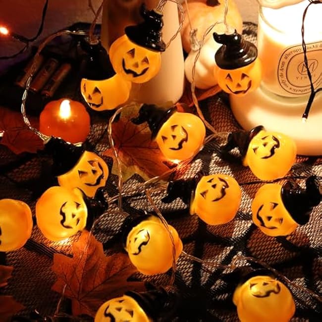 Halloween Pumpkin String Lights with Witch Hat, 20 LED 16.4FT 8 Modes Timer 3D Waterproof Orange Jack-O-Lantern Battery Operated Flickering Lights for Indoor Outdoor Decor Party Decorations