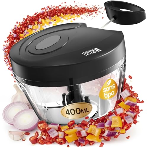 LEBENLANG Hachoir manuel legume & coupe oignon - Noir 400ML mixeur manuel & BPA-Free I Moulinette manuelle Hachoir ail vegetable chopper Mini-robots et...