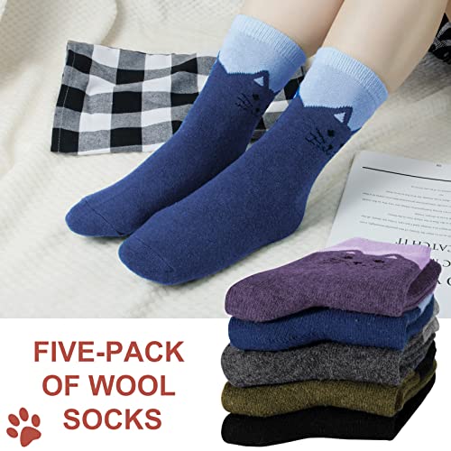 Womens Wool Socks Winter Warm Cute Cat Socks Thick Knit Cabin Crew Socks Gifts For Women 5 Pairs, Zz-Cat Series 2 #TOP3