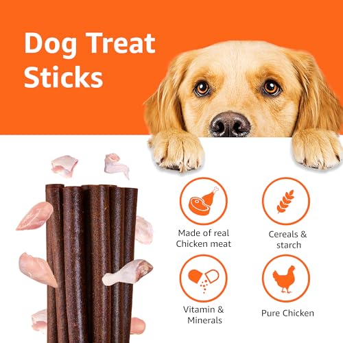 Image of Amazon Basics Dog Treat Sticks 140 gm, Chewy Meat Sticks for Adult Dogs and Puppies, High Protein Dog Treats for Training and Snacks, Made of Real Chicken Meat, Ziplock Pack, Chicken Flavor