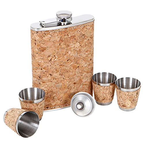 Image of Stainless Steel Hip Flask with Funnel & 4 Shot Glass for Men & Women, 9 oz (266 ml) Wine Whiskey Vodka Alcohol Drinks Pocket Bottle Beverage Holder (AR3025)