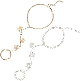 CABODYALS 2 Bague Papillon Argentée et Dorée Chaîne de Main Style Bohème Délicat en Alliage Réglable Bracelet Ensemble de Bijoux Tendance pour Femme Costume Fête Mariage Accessoires