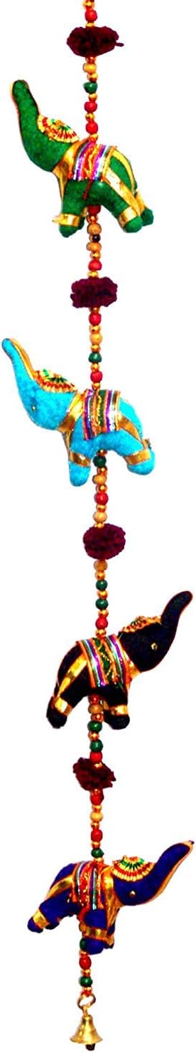 Door Hanging Decorative Velvet Fabric Covered 10 Elephants in Vibrant Color Stringed with Beads Single Layer
