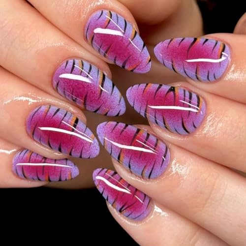 Image of Purple Press on Nails Glitter Fake Nails Medium Almond Glue on Nails Stripe False Nail with Design Glossy Full Cover Reusable Artificial Acrylic Stick on Nail for Women Manicure 24Pcs