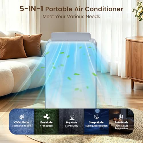 Image of Electactic 11,000 BTU ASHRAE(7,000 BTU SACC) Portable Air Conditioners Dual Motor, Dual Hose, Drainage-free Cooling, Fan /Dry /Remote /Timer, Quiet Portable AC Unit for Rooms Indoor