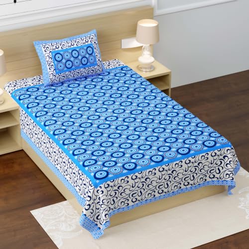 Image of RajasthaniKart Pure 100% Cotton Single Bed Sheet with 1 Pillow Cover (Bedsheet for Single Bed Cotton, Blue Circles)