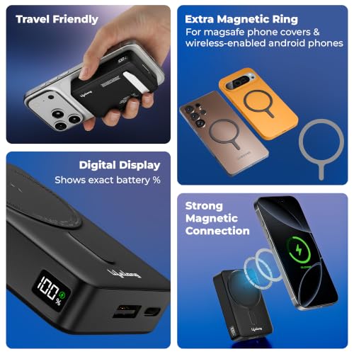 Image of Lifelong Electronics 20000mAh (Double Capacity) MagSafe Wireless Power Bank | iPhone, Apple AirPods & All Qi Enabled Phones | Supports Wired Fast Charging | Powerbank with Metal Stand, Display, Cable