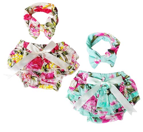 QandSweet Baby Girl Stretchy Bloomers with Headband Summer Diaper Covers 2 Conts (6-15 Months, Green+Beige)