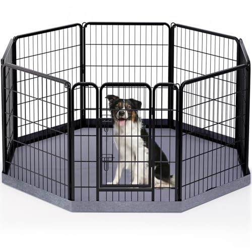 Image of PETIME Dog Playpen,Metal Exercise Puppy Pen Heavy Duty Kennels Yard Fence Indoor /Outdoor 27 inch W x 32 inch H 8 Panels Dog Cage with Octagon Bottom Pad