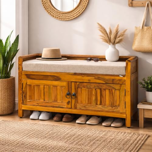 Image of Sheesham Wood Shoe Cabinet with Cushion Seat, 2 Door, Natural Finish | Comfortable Cushioned Seating, Stores 8-10 Pairs of Shoes, No Assembly Required