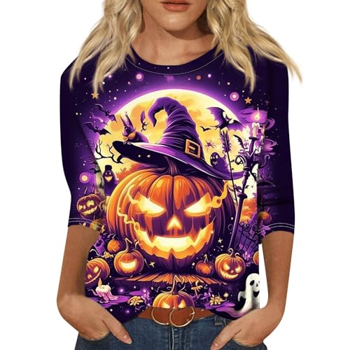 Halloween Shirts for Women 3/4 Sleeve Plus Size Crewneck Loose Fit Cute T Shirt Halloween Costumes for Women 2025