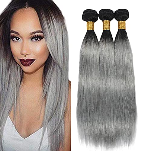 20 22 24 Inch Grey Human Hair Bundles Ombre Straight Silver Human Hair Weave 1b/Grey Human Hair for Black Women 3 Bundles Brazilian Hair Black and Grey Human Hair Weave Soft Remy Human Hair Extension
