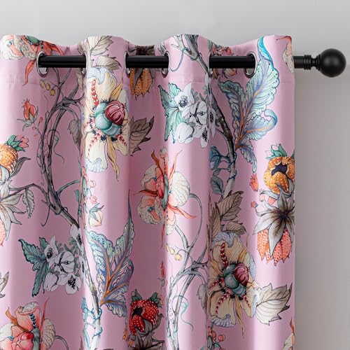 Image of MYSKY HOME Floral Blackout Curtains 63 Inch Long Bedroom Black Out Thermal Insulated Privacy Protect Curtain Flower Patterned Fancy Cottage Core Grommet Drapes for Girls Room Nursery, Pack-2, Pink