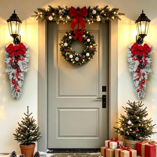 23.6'' Red Bow & Artificial Plants Christmas Wreaths for Front Door Decor - image 3