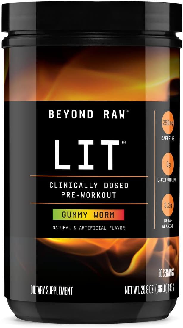 BEYOND RAW LIT | Clinically Dosed Pre-Workout Powder | Contains Caffeine, L-Citrulline, Beta-Alanine, and Nitric Oxide | Gummy Worm | 60 Servings