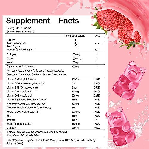 2 Pack Collagen Gummies with Biotin & Keratin for Hair Skin Nails & Joints, Anti Aging - Women & Men Kids, Adults - 60 Vegan Strawberry Flavored Gummies Supplement - Image 3