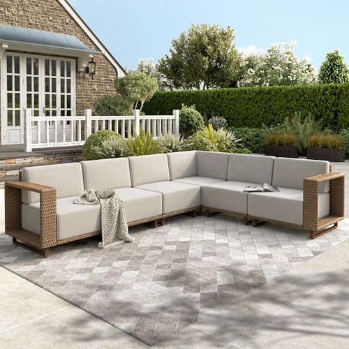 Image of HERA'S HOUSE Patio Furniture Set, Outdoor Sectional Wicker Sofa, 6-Piece Modular L-Shaped Yellow Rattan Conversation Set with 10 inch Thick Cushion for Lawn Garden Deck Pool