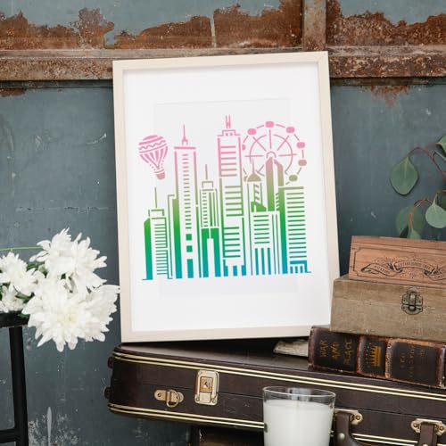 MAYJOYDIY Geometric City Painting Template Tall Building Stencil 30x30cm Reusable Hot Air Balloon Stencil Ferris Wheel PET Hollowing Template for Wall Home Decor DIY Art Craft - Image 2