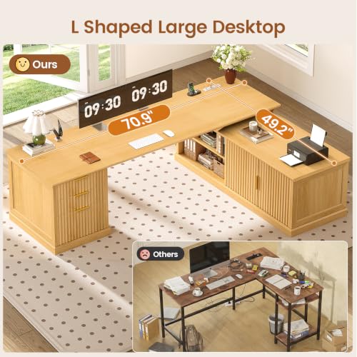 Image of SEDETA Fluted 70.9 inch L Shaped Desk with Drawers, Fluted Oak | Home Office Desk with Storage Cabinet and Storage Shelves,L Shaped Computer Desk with Power Outlet