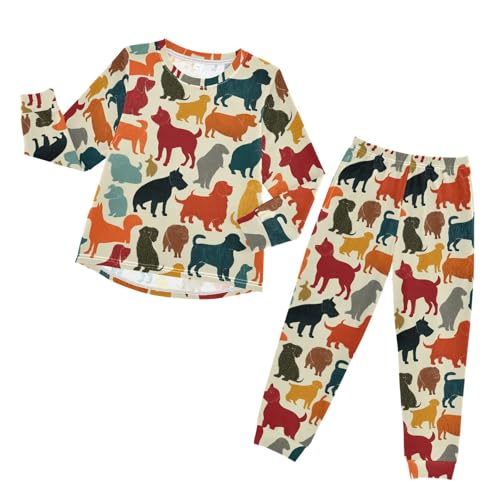 Long Sleeve Pajama Set for Girls Boys,Colorful Dogs Pattern Silhouette Comfy Crewneck Sleepwears,Soft Kid's Homewear Clothes Underwear Sets 6T
