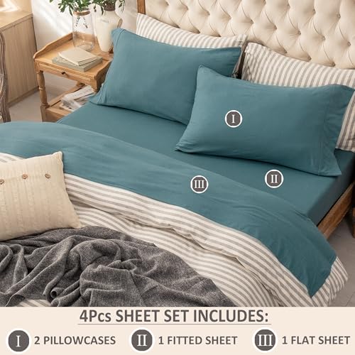 PURE ERA Jersey Knit 4pc Bed Sheet Set 100% T-Shirt Cotton Super Soft Comfy Breathable Fits Mattress Up to 20" Extra Deep Pocket (Solid Cerulean Blue, Queen)
