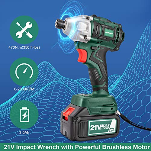 HUYOSEN 21V Max,Professional Brushless Cordless Impact Wrench 3/4 inch,350ft-lbs High Torque Power Impact Wrenches with 4Pcs Driver Impact Sockets and 2 Pcs 3.0Ah Battery