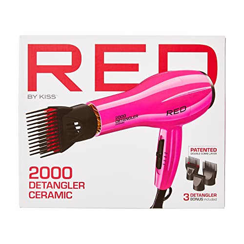 Red By Kiss 2000 Ceramic Hair Dryer, Professional Salon Blow Dryer 3 Attachments Included, 2 Detangler Piks, 1 Air Concentrator (Pink) #TOP6