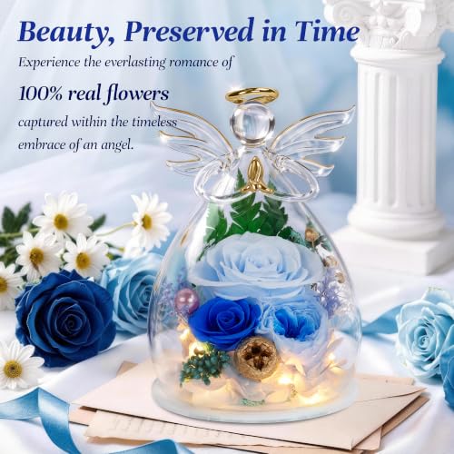 Image of encavy Birthday Gifts for Women,Fresh Flowers for Delivery,Preserved Rose Flowers in Angel Figurines,Light Up Blue Angel Real Rainbow Roses for Mom Grandma Wife Her Girlfriend Anniversary