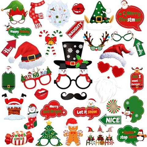 Christmas Photo Booth Props, 37Pcs Christmas Decorations Photo Backdrop Christmas Photo Props Party Decorations Supplies for Selfie Cover