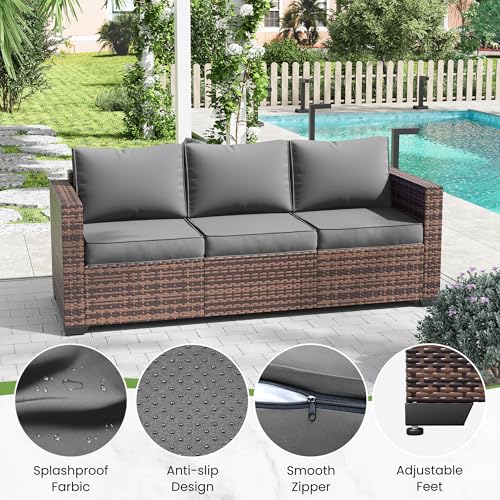 Image of Amopatio Patio Couch, 3-Seat Outdoor Furniture, Wicker Porch Furniture Outdoor Couch Sofa with Water-Resistant Cover & Non-Slip Cushions, Premium Patio Set, Grey