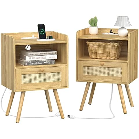 SUPERJARE Nightstands Set of 2, Rattan Nightstands with Charging Station & PE Rattan Decor Drawer, Bed Side Tables with Solid Wood Feet, End Table, Night Stands, for Bedroom, Dorm - Natural Cover