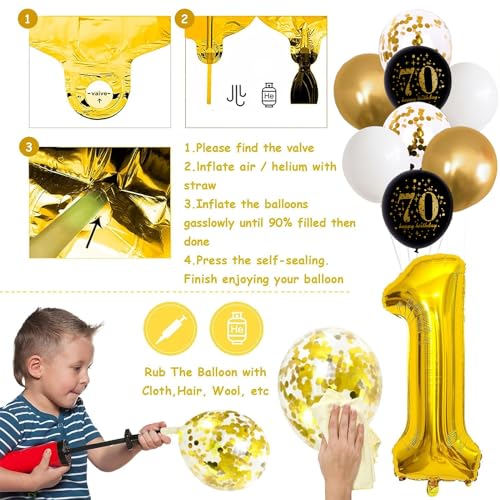 Image of Jobkoo 70th Birthday Decorations Men, Black Gold 70th Birthday Party Decoration Women Golden Black 70th Balloons 70th Cake Topper 70th Banner for 70 Year Old Party Supplies