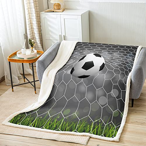 Soccer Sherpa Blanket Boys Football Field Goal Blanket Throw Summer Team Sports Games Fleece Blanket Fantasy Bubble Fuzzy Blanket For Kids Girls Teens Queen 90"X90" Green White Child Room Decor #TOP1